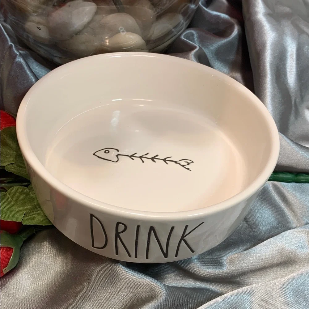 🌹RAE DUNN • White 'Drink' Ceramic Small Pet Bowl